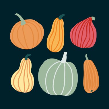 El basit Doodle Style Kabak Seti çizin. Farklı şekil ve boyutlarda Pastel renk vektör illüstrasyon Pumpkins