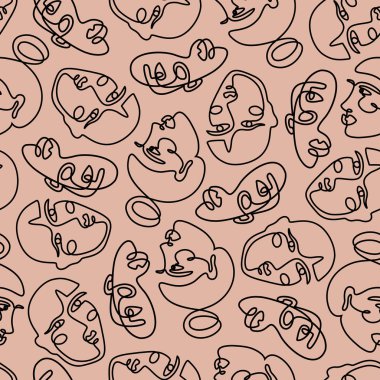 Sürekli çizgi yüz kadın dikişsiz desen - Vektör Sonsuz Arka Plan Moda Kadın Portre bir satır