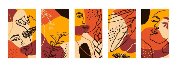 Stel achtergronden met vrouwelijke portretten en flora elementen. Mobiele wallpapers in minimalistische stijl voor Social media verhalen. — Stockvector