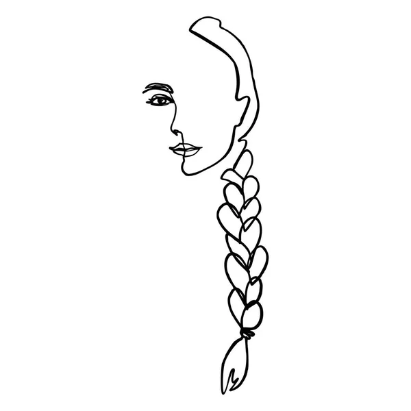 One Line Womans Face and hair Braid. Continuous line Portrait of a girl In a Minimalist Style. Vector Illustration — Stock Vector