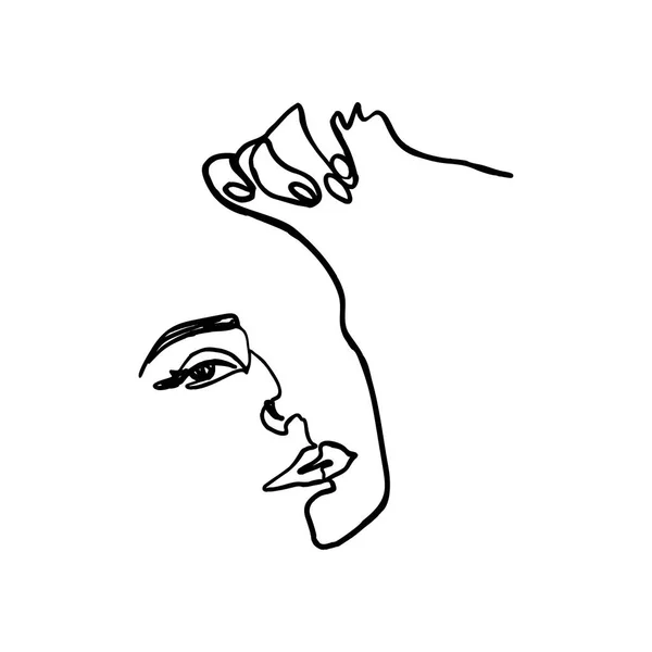 One Line Womans Face and Hand. Línea continua Retrato de una niña en un estilo minimalista moderno. Ilustración vectorial — Archivo Imágenes Vectoriales