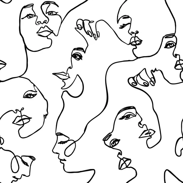 Continuous line face women seamless pattern - Vector Endless Background Fashion Female Portrait one line — Stock Vector