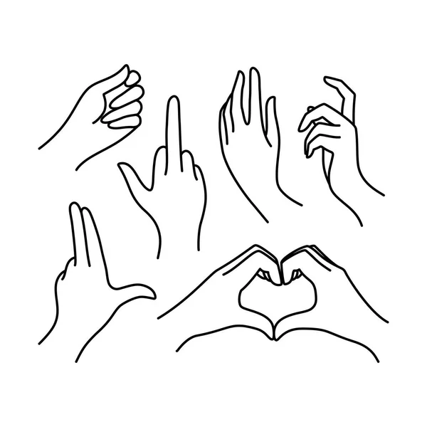 Woman's hand icon collection line. Vector set of female hands of different gestures - symbol Gun, Fuck You, heart Stock Illustration
