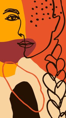 Uzun örgü ve Soyut şekiller ile bir kadının bir satır portre. Minimalist moda tarzında Mobil Duvar Kağıtları