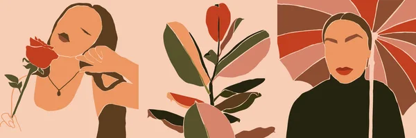 Set di Womans Face arte minimalista. Abstract Collage contemporaneo moda donna e piante in stile trendy. Vettore — Vettoriale Stock