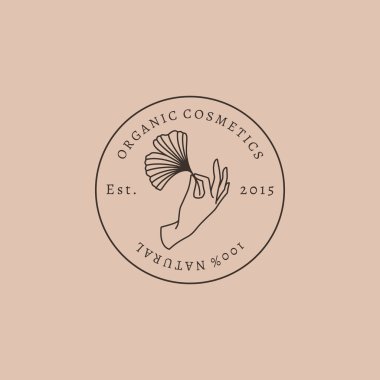 Organic cosmetics Logo hand holding a Ginkgo leaf In minimalist trendy linear style. Vector Round Emblem for cosmetics. clipart