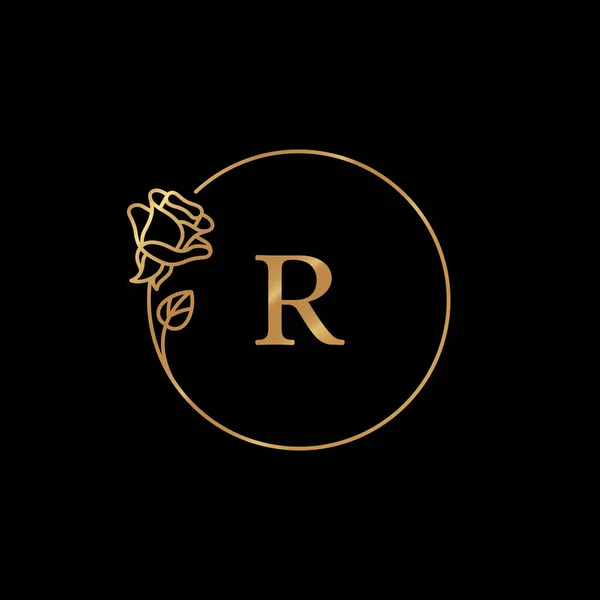Bingkai logo emas Rose Flower dengan ruang fotokopi. Lencana dan ikon dalam gaya linier trendi. Emblem Vektor dengan Rosebud . - Stok Vektor