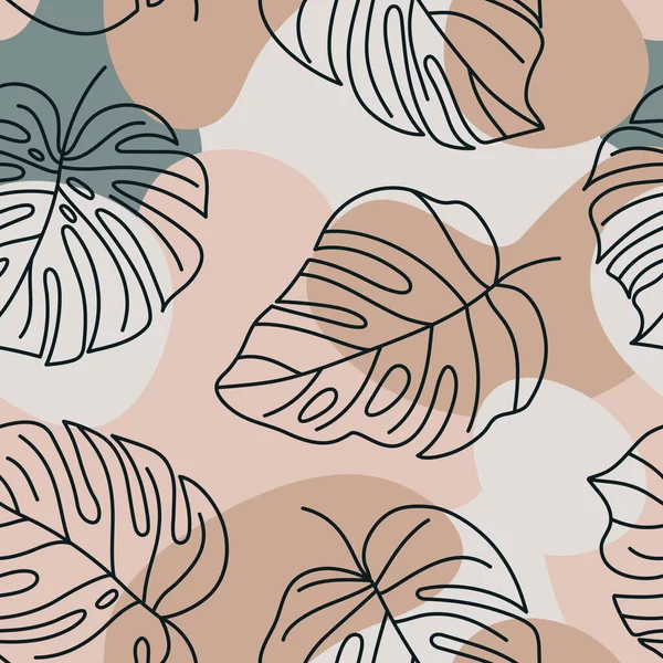 Tropical Monstera Leaves Seamless Pattern. Vector floral background in a trendy minimalistic linear style — Stock Vector