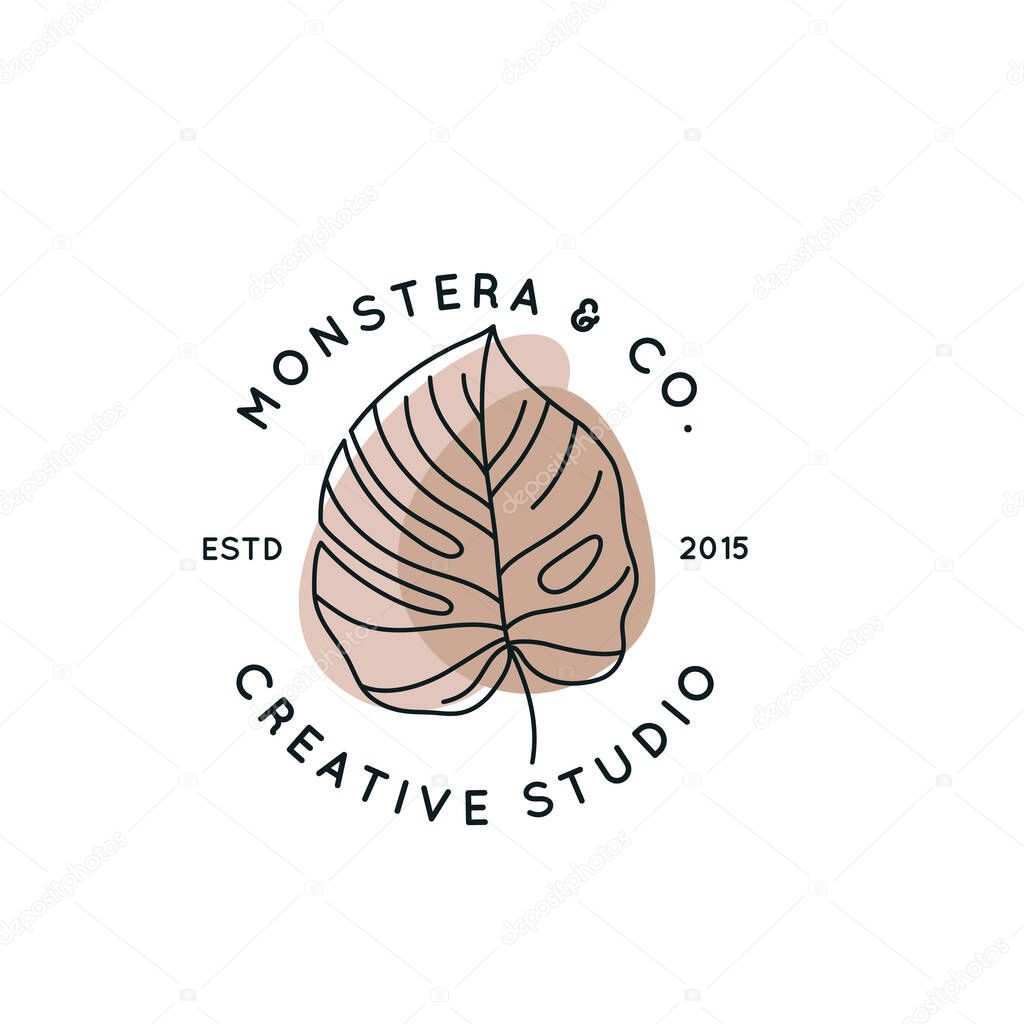 Monstera leaf logo design template in simple minimal linear style. Vector Exotic tropical emblem with leaves
