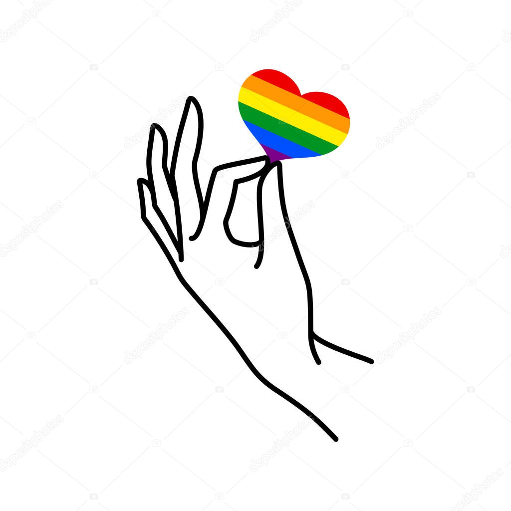 Pride LGBT Rainbow Heart and Female hand in a minimal linear trendy style. A woman's hand holds a rainbow heart. Vector Illustration for logo, print on t-shirt, poster, card, tattoo