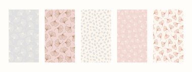 Çiçekli elementlerle arkaplan oluşturun. Sosyal medya hikayeleri için minimalist eğilim tarzında soyut Mobil Duvar kağıtları. Pastel renklerde vektör illüstrasyonu pembe ve mavi