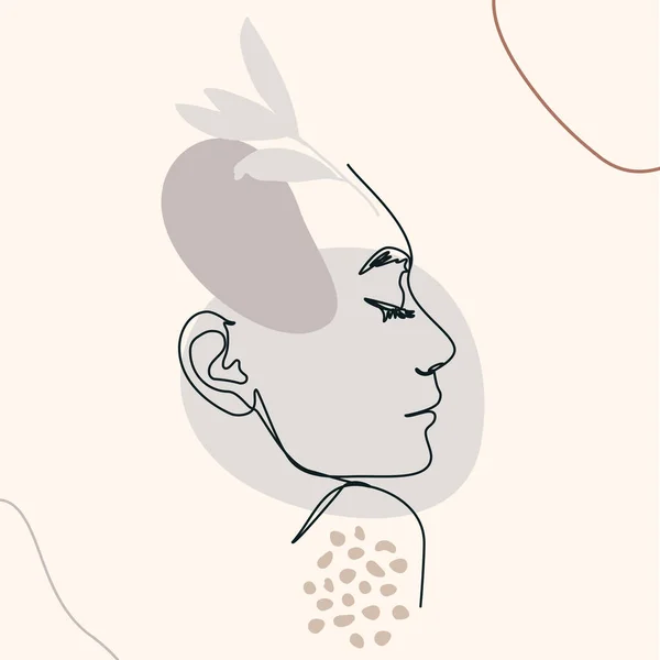 One Line Womans Face. Continuous line Female Portrait in Profile With Geometric Shapes and Floral Elements. Vector — Stock Vector
