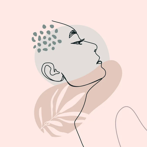One Line Womans Face. Continuous line Female Portrait in Profile With Geometric Shapes and Floral Elements. Vector — Stock Vector