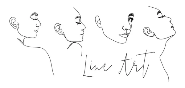 Set One Line Woman Face Continuous Line Female Portrait Profile — Stock Vector