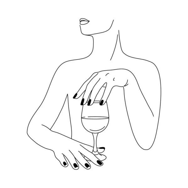 Mulher e copo de vinho em um estilo minimalista. Vetor Moda Ilustração de mãos de mulheres — Vetor de Stock