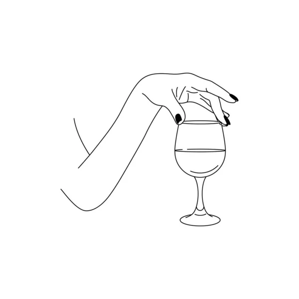Womans Hand tiene un bicchiere di vino in uno stile minimalista. Moda vettoriale Illustrazione del corpo femminile — Vettoriale Stock