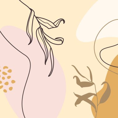 Bitkiler ve geometrik şekiller modayı takip edecek şekilde soyut minimal arkaplan. Posterler, kartpostallar, kapaklar, baskılar, sosyal medya paylaşımları için vektör illüstrasyon kolajı.