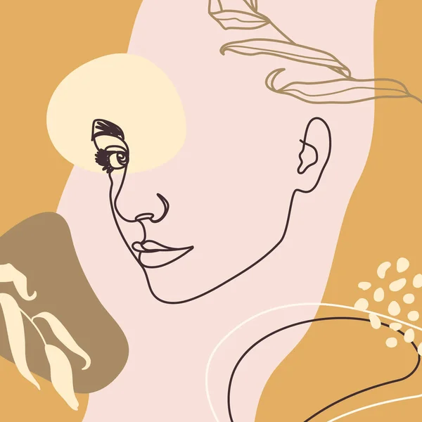 女性の顔をしている 連続ライン現代のミニマリズムスタイルで幾何学的な形状と花の要素を持つプロファイルの女性の肖像画 ベクトルイラスト壁のアート Tシャツのプリント カバー — ストックベクタ