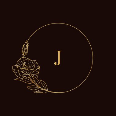Lisianthus dallarının altın çerçevesi. Moda minimalist doğrusal tarzda yuvarlak simge. J harfli vektör logosu ve dal parçası. Kozmetik logosu için şablon, güzellik stüdyosu, kuaför, el yapımı, spa