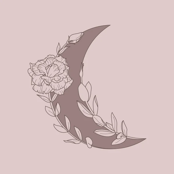 Lune florale de Lisianthus Fleurs dans un style linéaire minimal à la mode. Icône contour croissant vectoriel — Image vectorielle