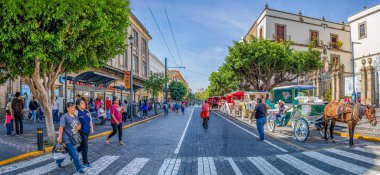Guadalajara, Jalisco, Meksika... 23 Kasım 2019: Guadalajara, Jalisco, Meksika - 23 Kasım 2019: İnsanlar günün tadını çıkarıyor, ve atlar tarafından çekilen arabalar Miguel Hidalgo y Costilla Bulvarı 'nda