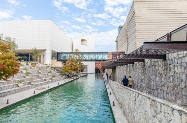 Monterrey, Nuevo Leon, Mexico - November 21, 2019:  The Santa Lucia riverwalk, with the Mexican history and Noreste Museums clipart
