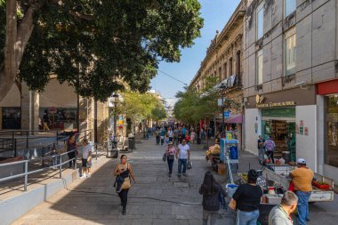 Guadalajara, Jalisco, Meksika... 23 Kasım 2019: Guadalajara, Jalisco, Meksika - 23 Kasım 2019: Dükkanların ve Paseo Hospicio 'daki insanların manzarası