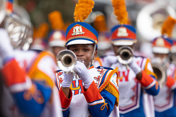 New Orleans, Louisiana, USA - November 30, 2019: Bayou Classic Parade, Members of the Andry-Walker High School Marching Band performing at the parade