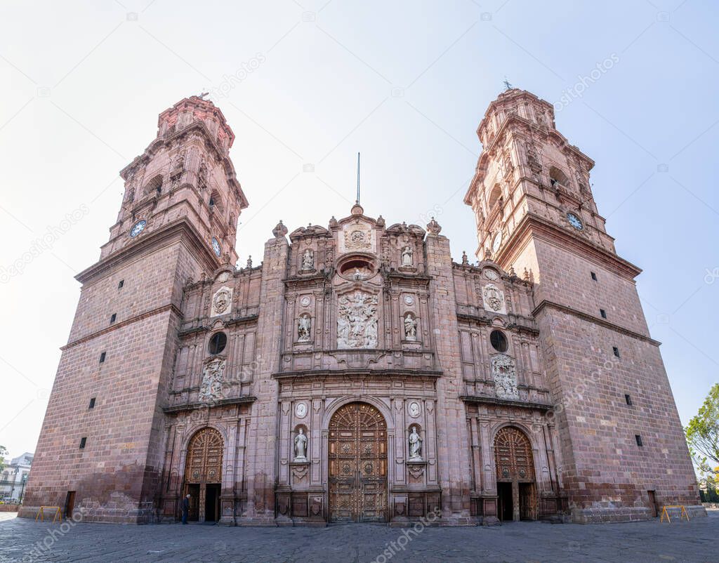 The Morelia Cathedral, build with pink stones, in the Mexican city of Morelia, Michoacan state.