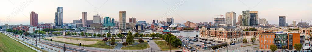Baltimore in the state of Maryland, United States of America, view of downtown, the Inner Harbor on the Patapsco River
