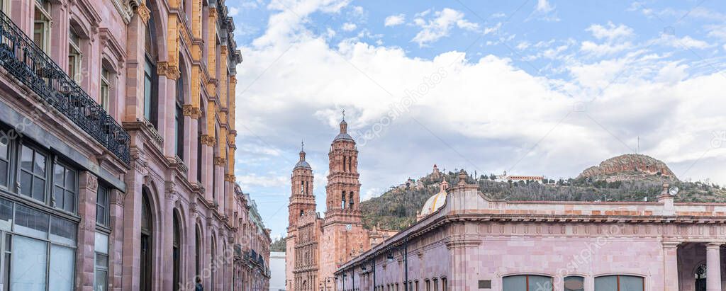 The view down Hidalgo Avenue, of the Cathedral of Zacatecas, with the