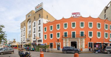 Ciudad Victoria, Tamaulipas, Mexico - July 2, 2019: the old Hotels of Monteros and Sierra Gorda at the Plaza Hidalgo clipart