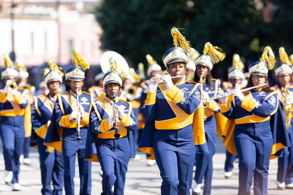 Indianapolis, Indiana, USA - September 28, 2019: The Circle City Classic Parade, Members of the Thornwood High School marching band, performing at the parade