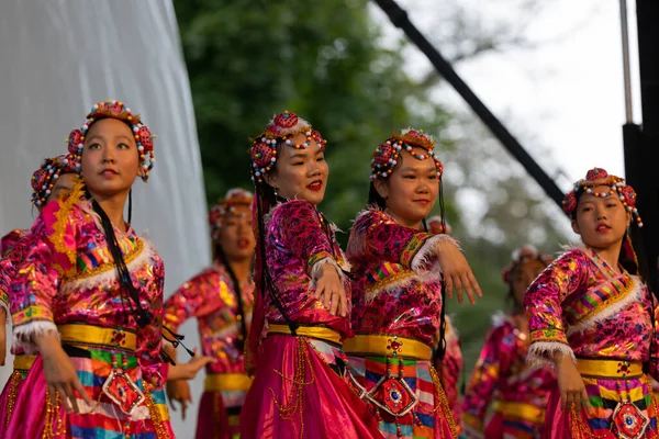 米国ミズーリ州セントルイス2019年8月25日 国家の祭り タワーグローブパーク セントルイス現代中国学校のメンバー 伝統的な服を着て 中国からの伝統舞踊を上演 — ストック写真