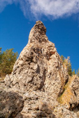 Mavi gökyüzüne ve ağaçlara karşı dik uçurum. Güneşli bir sonbahar gününde yakın çekim