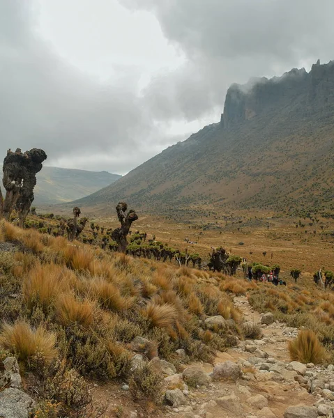 Vulkanische Vallei Tegen Achtergrond Van Een Mistige Berg Mount Kenia — Stockfoto