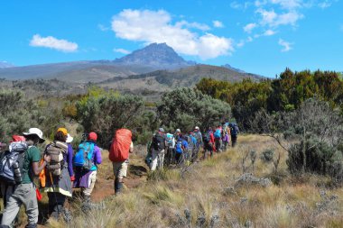 Kilimanjaro Dağı, Tanzanya 'nın panoramik dağ manzaralarında bir grup yürüyüşçü 