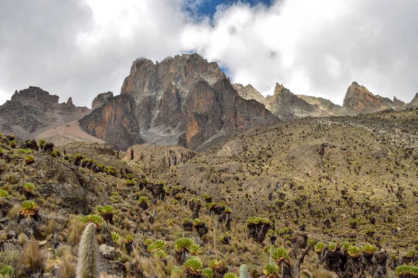 Mount Kenya 'da bulutlu bir gökyüzüne karşı dağ manzaraları