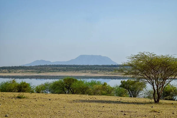 Lago Escenico Con Fondo Árido Kenya Rural Lago Magadi Valle — Foto de Stock