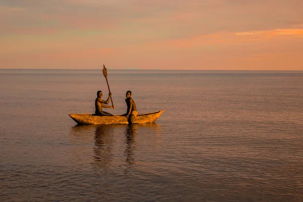 Solnedgång Vid Stranden Kande Beach Malawisjön — Stockfoto