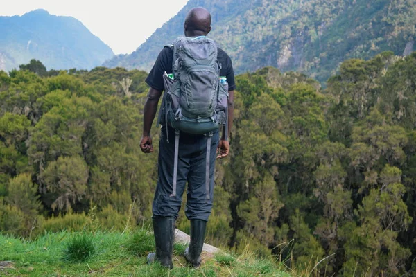 Bir yürüyüşçünün arka plandaki görüntüsü, Rwenzori Dağları, Uganda