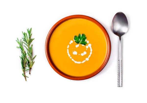 Pumpkin Cream Soup Parsley Bowl Isolated White Background Dinner Concept — Stock Photo, Image