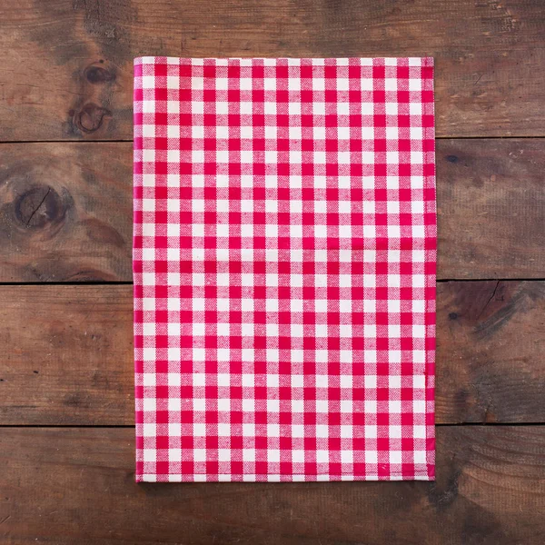 Red Classic Checkered Tablecloth Wooden Table Close — Stock Photo, Image