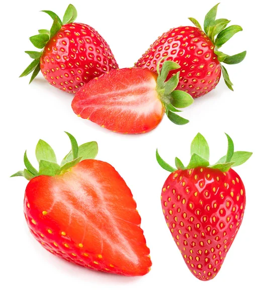 Sammlung Roter Reifer Ganzer Erdbeeren Mit Aufgeschnittenen Hälften Und Blättern — Stockfoto