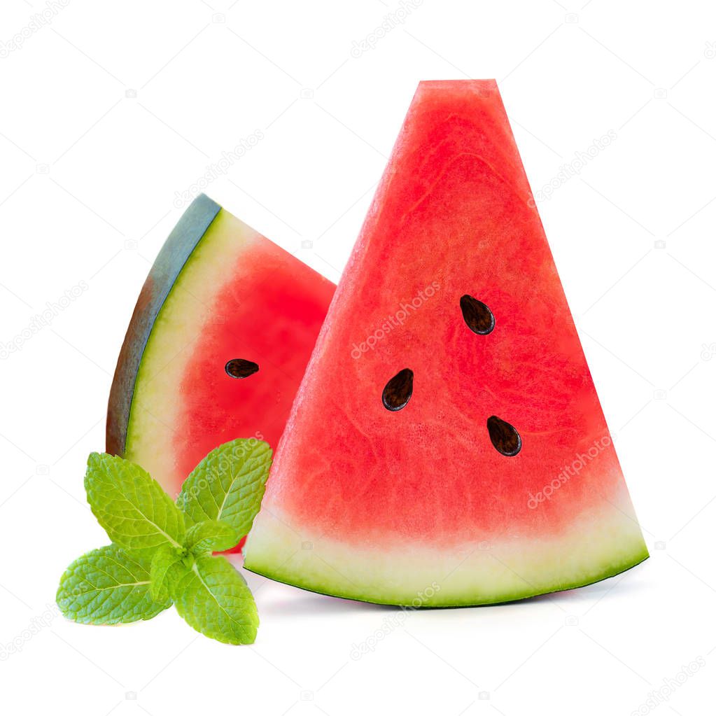  Sliced ripe watermelon with mint leaves isolated on white background, close-up