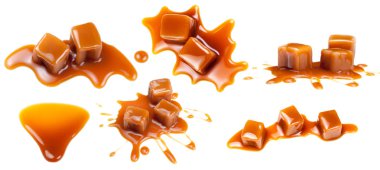 Golden Butterscotch toffee caramel splashes and candies  isolated on white background  clipart