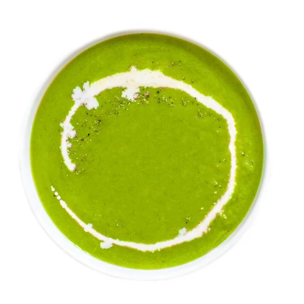 Brócolis Ervilhas Verdes Creme Sopa Uma Tigela Isolada Fundo Branco — Fotografia de Stock
