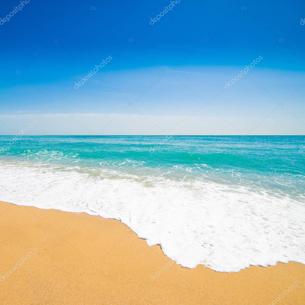 Beautiful Tropical  beach with Soft wave of blue ocean, sand and transparent sky. Summer travel holiday background concept. Sea panorama