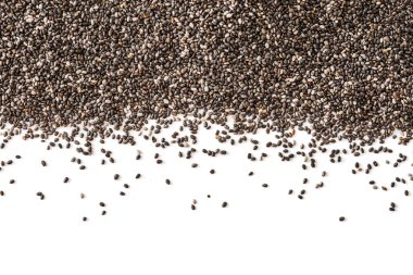 Beyaz arka plan üzerinde izole chia tohum. Portre. Üstten görünüm. Chia Superfood. Sağlıklı beslenme kavramı