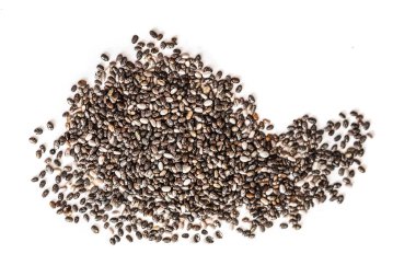 Beyaz arka plan üzerinde izole chia tohum. Portre. Üstten görünüm. Chia Superfood. Sağlıklı beslenme kavramı